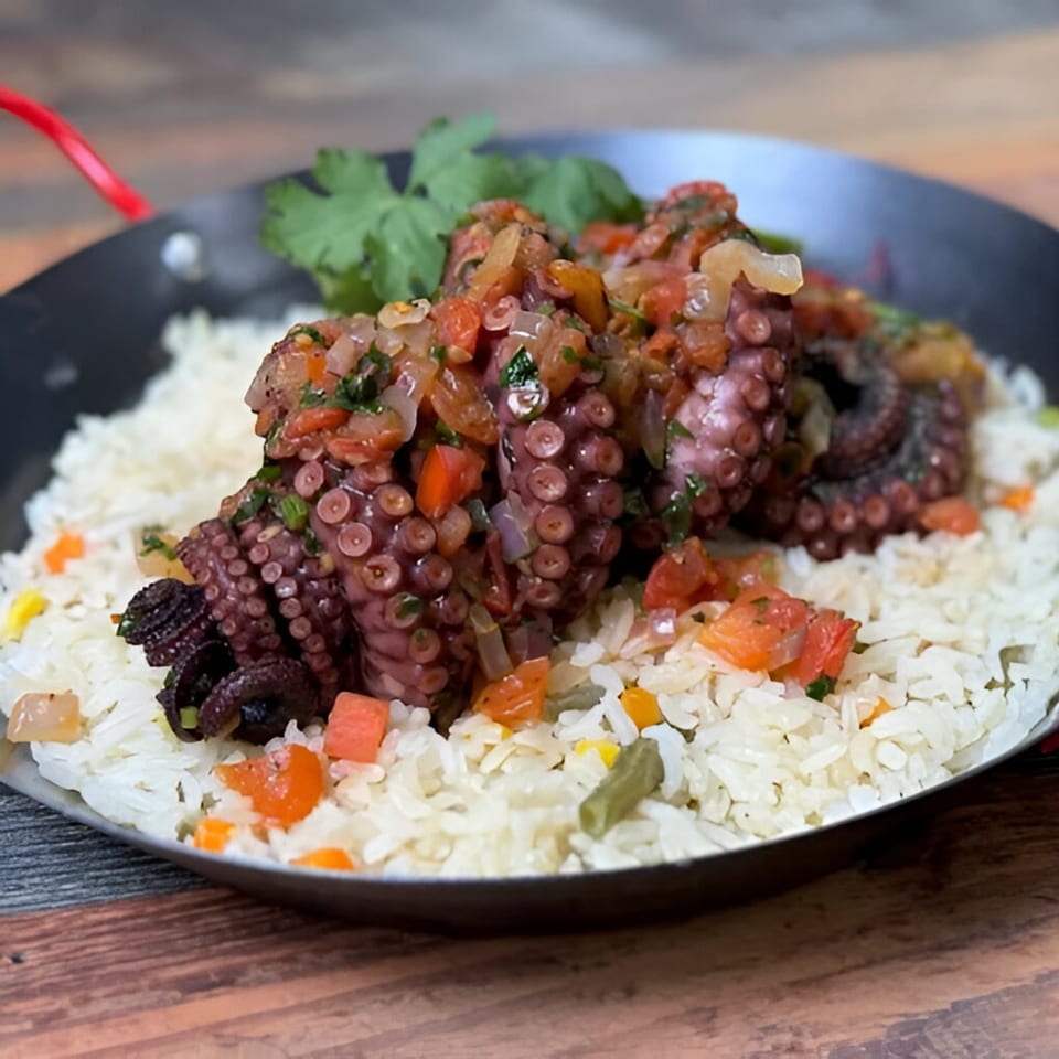 Grilled octopus with pico de gallo and cilantro, served over rice with vegetables in a pan.